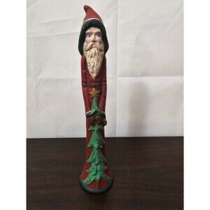 Vintage Old World Pencil Santa Figurine Red Robe Green Tree Folk Art Style